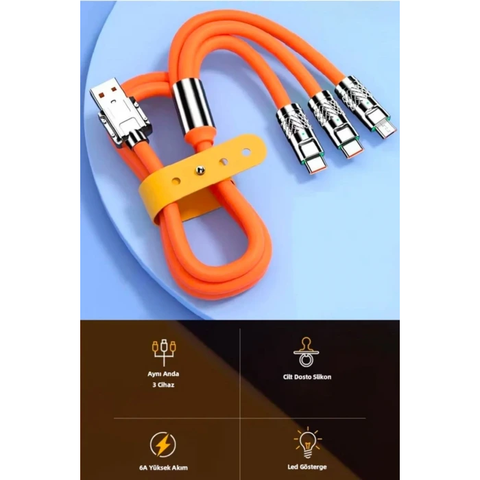 İpek Yıldızı® 3 in 1 Type-C + Micro Usb + Lightning Hızlı Şarj Kablosu Silikon Kablo 1 Metre Opp Ambalaj