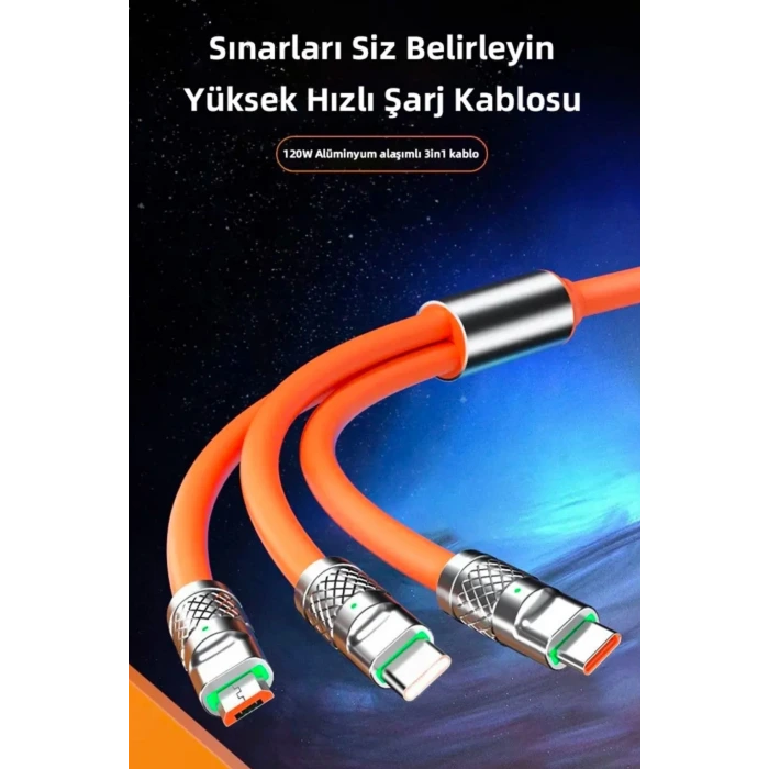 İpek Yıldızı® 3 in 1 Type-C + Micro Usb + Lightning Hızlı Şarj Kablosu Silikon Kablo 1 Metre Opp Ambalaj
