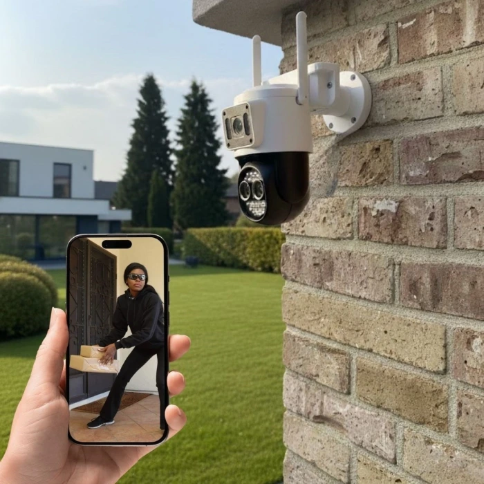 İpek Yıldızı® 3 Kameralı Kablolu Akıllı Güvenlik Kamerası – 360° PTZ Hareketli, Çift Antenli, WiFi IP, Gece Görüşlü Dış Mekan Kamera