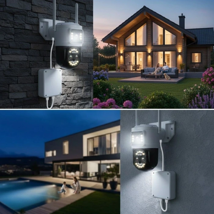 İpek Yıldızı® 3 Kameralı Kablolu Akıllı Güvenlik Kamerası – 360° PTZ Hareketli, Çift Antenli, WiFi IP, Gece Görüşlü Dış Mekan Kamera