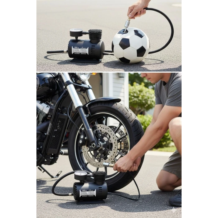 İpek Yıldızı® 300 PSI Güçlü Taşınabilir Hava Kompresörü–Araba, Motosiklet, Bisiklet ve Top Şişirme İçin Çakmaklıklı Lastik Şişirme Pompası