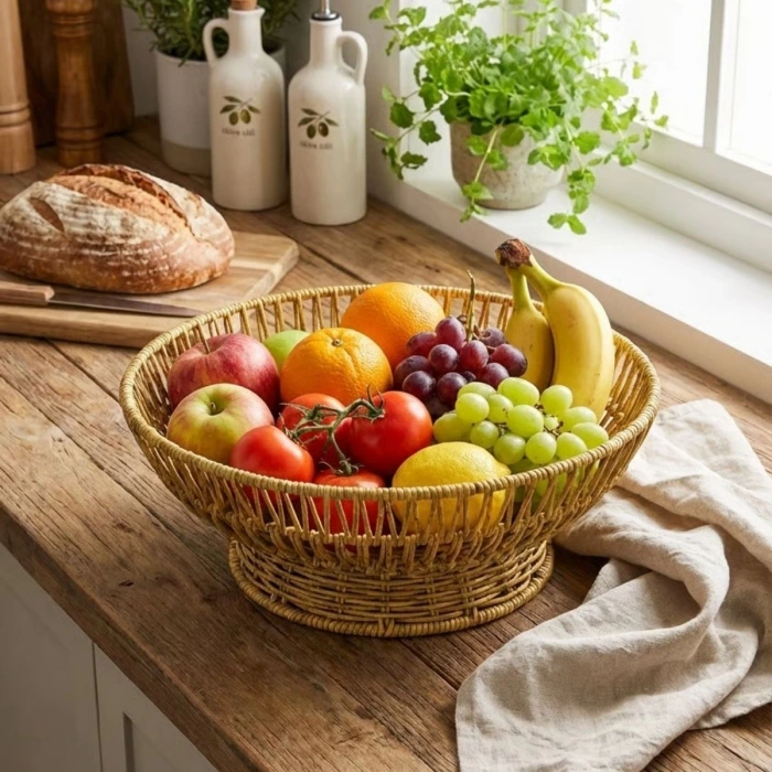 İpek Yıldızı® 31 cm Plastik Rattan Servis Çanağı – Doğal Hasır Görünümlü Dekoratif Meyve, Ekmek ve Sunum Kasesi