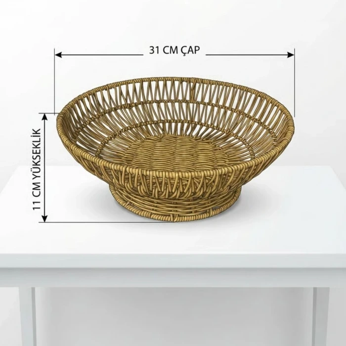 İpek Yıldızı® 31 cm Plastik Rattan Servis Çanağı – Doğal Hasır Görünümlü Dekoratif Meyve, Ekmek ve Sunum Kasesi