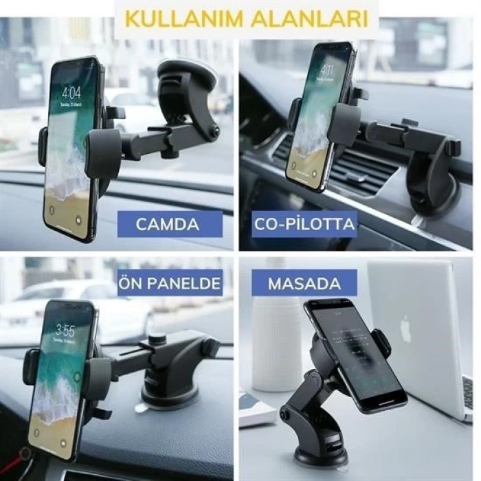 İpek Yıldızı® 360 Derece Dönen Torpido Üstü Uzunluk Ayarlamalı Vantuzlu Teleskopik Araç Telefon Tutucu