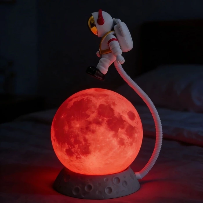 İpek Yıldızı® 3D Ay Üzerinde Astronot LED Gece Lambası – Dokunmatik 10 Renk Değiştiren Dekoratif Çocuk Odası Masaüstü Ay Lambası