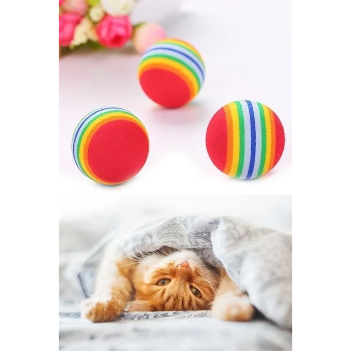 İpek Yıldızı® 3lü Gökkuşağı Sünger Kedi Köpek Çiğneme Oyun Topu 4,2 cm