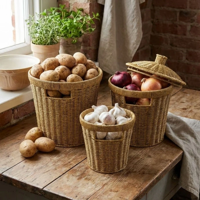 İpek Yıldızı® 3’lü İç İçe Geçebilen Büyük Plastik Rattan Hasır Sepet Seti-Dayanıklı Çok Amaçlı Ev,Banyo ve Mutfak Düzenleyici