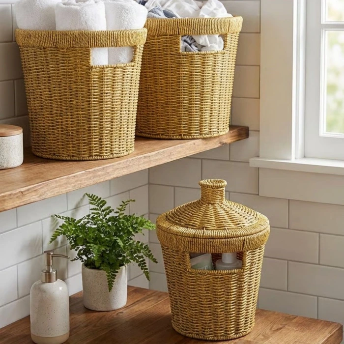 İpek Yıldızı® 3’lü İç İçe Geçebilen Büyük Plastik Rattan Hasır Sepet Seti-Dayanıklı Çok Amaçlı Ev,Banyo ve Mutfak Düzenleyici