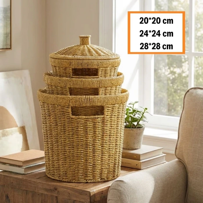İpek Yıldızı® 3’lü İç İçe Geçebilen Büyük Plastik Rattan Hasır Sepet Seti-Dayanıklı Çok Amaçlı Ev,Banyo ve Mutfak Düzenleyici