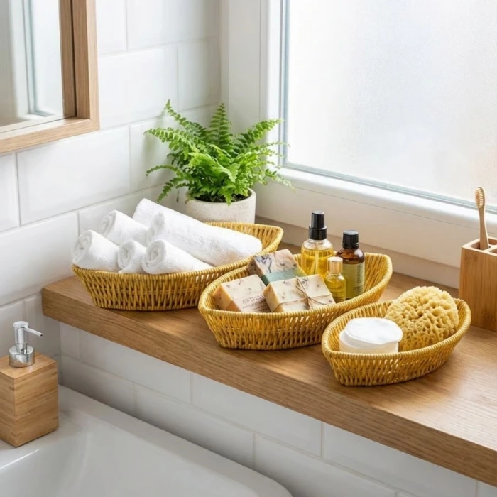 İpek Yıldızı® 3’lü Kayık Formlu Plastik Rattan Sepet Seti–Hasır Görünümlü Ekmek, Meyve ve Sunum Sepetleri, Çok Amaçlı Masaüstü Organizer