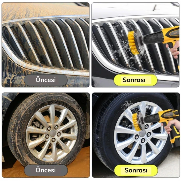 İpek Yıldızı® 3lü Matkap Ucu Banyo Küvet Duşakabin Araba Tekerliği Koltuk Yıkama Temizleme Fırçası Seti