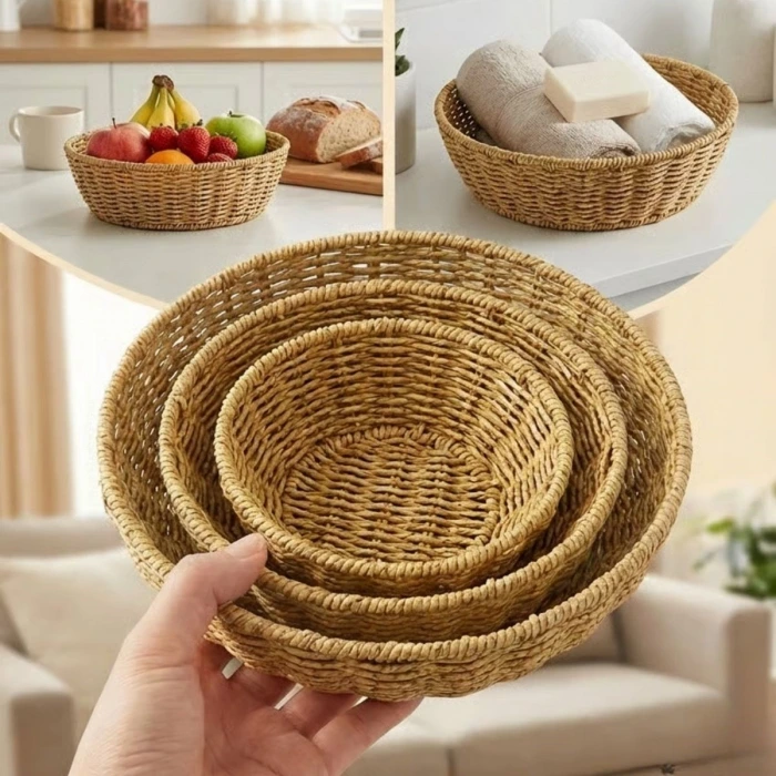 İpek Yıldızı® 3’lü Plastik Rattan Çanak Seti – Hasır Görünümlü İç İçe Geçebilen Sunum ve Düzenleme Kaseleri, Mutfak & Masaüstü Çok Amaçlı Organizer