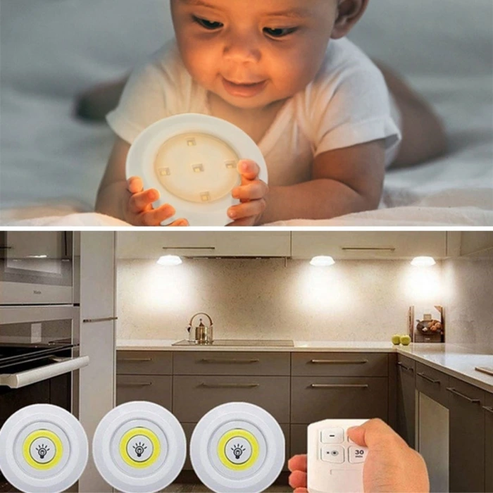 İpek Yıldızı® 3lü Uzaktan Kumandalı Pilli Yapışkanlı Kablosuz Led Spot Lambalar