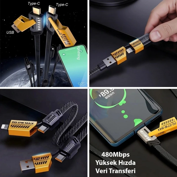 İpek Yıldızı® 4in1 65W Hızlı Şarj Kablosu – Type-C to USB-A + Type-C to Lightning, 27W PD Destekli Çoklu Şarj Kablo