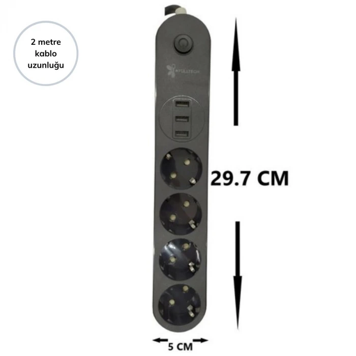 İpek Yıldızı® 4lü Siyah Anahtarlı 3 USB Li Akım Korumalı Topraklı Çocuk Korumalı Grup Priz 2 Metre