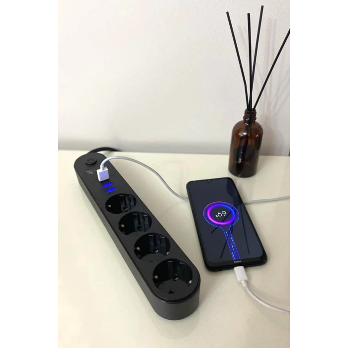 İpek Yıldızı® 4lü Siyah Anahtarlı 3 USB Li Akım Korumalı Topraklı Çocuk Korumalı Grup Priz 2 Metre