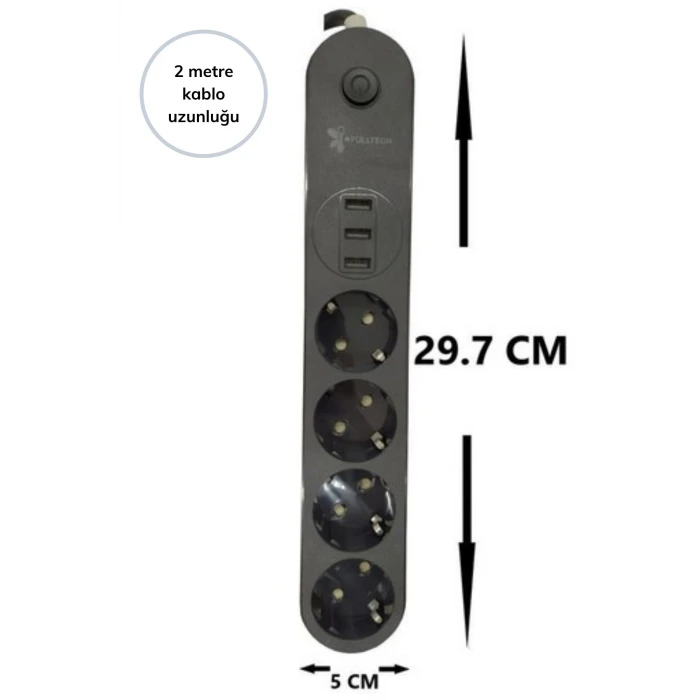 İpek Yıldızı® 4lü Siyah Anahtarlı 3 USB Li Akım Korumalı Topraklı Çocuk Korumalı Grup Priz 2 Metre