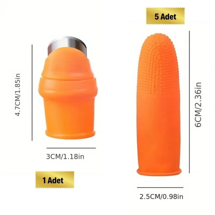 İpek Yıldızı® 5 Parça Pratik Parmak Koruyucu 1 Parça Baş Parmak Bıçaklı Eldiven Sebze Meyve Soyucu Kesme Ayıklayıcı Silikon Set