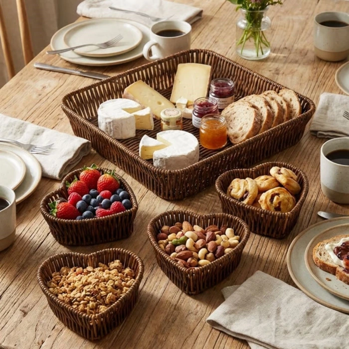 İpek Yıldızı® 5 Parça,4 Kalp Formlu Plastik Rattan Sunum ve Kahvaltı Seti-Bölmeli Çerezlik ve Meyvelik-Doğal Hasır Görünümlü Tepsi ve Sunum Tabakları