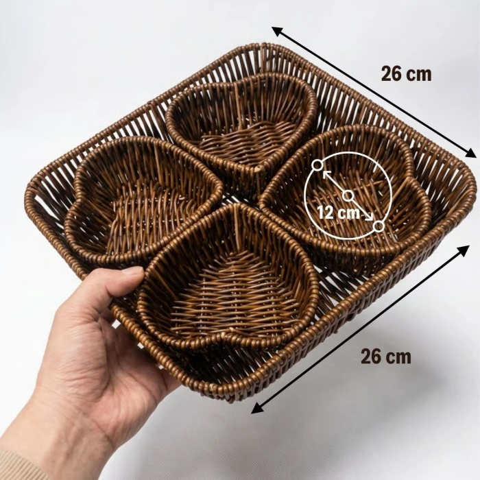 İpek Yıldızı® 5 Parça,4 Kalp Formlu Plastik Rattan Sunum ve Kahvaltı Seti-Bölmeli Çerezlik ve Meyvelik-Doğal Hasır Görünümlü Tepsi ve Sunum Tabakları