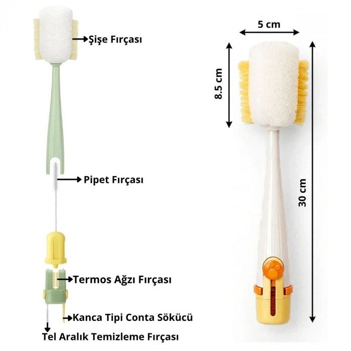 İpek Yıldızı® 5’i 1 Arada Çok Amaçlı Şişe Temizleme Fırçası – Sürahi, Kavanoz, Pipet, Kapak, Emzik ve Biberon Temizlik Seti