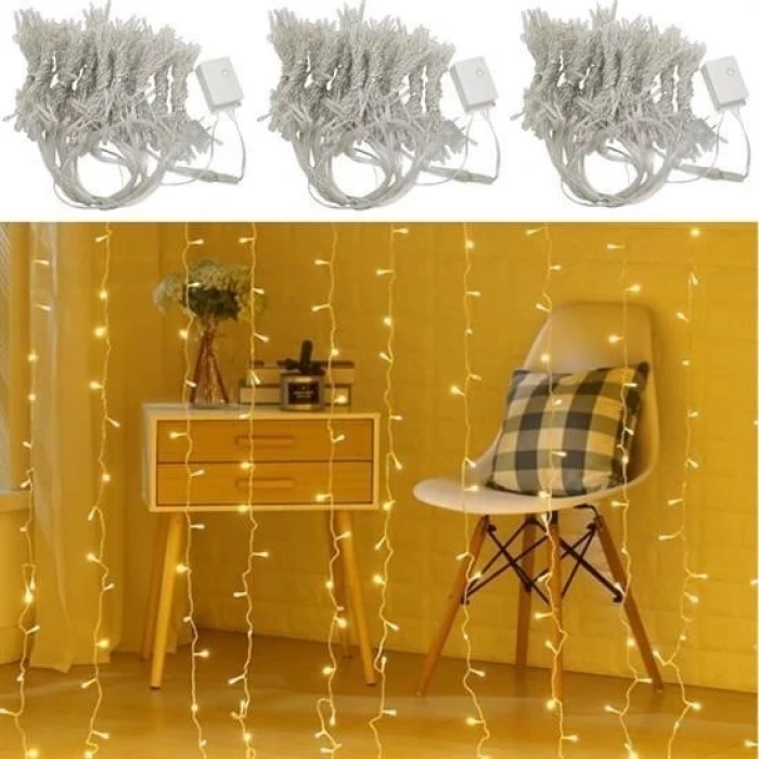 İpek Yıldızı® 8 Fonksiyonlu 200 Led 10 Saçak Şerit Led 2x2 Perde İp Led  (Gün Işığı)