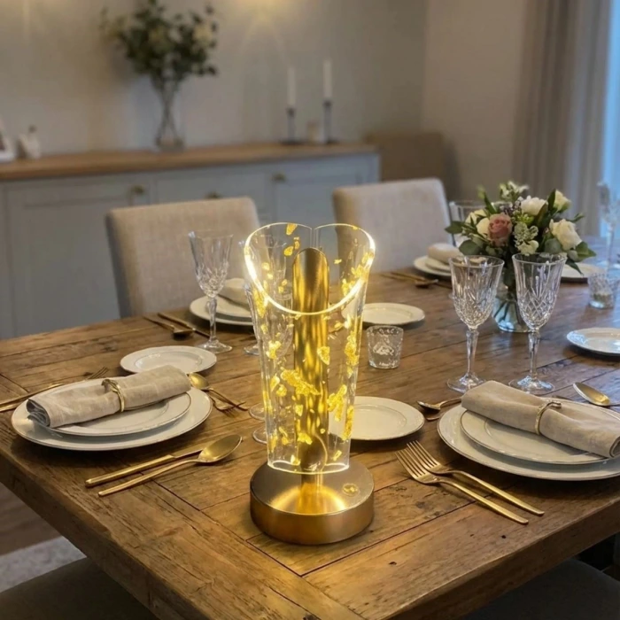 İpek Yıldızı® Açık Silindirik Kristal Altın Toz Model LED Masa Lambası – Gold Tabanlı, Dokunmatik, 3 Renk Işık Modlu, Şarjlı Modern Dekoratif Gece Lam