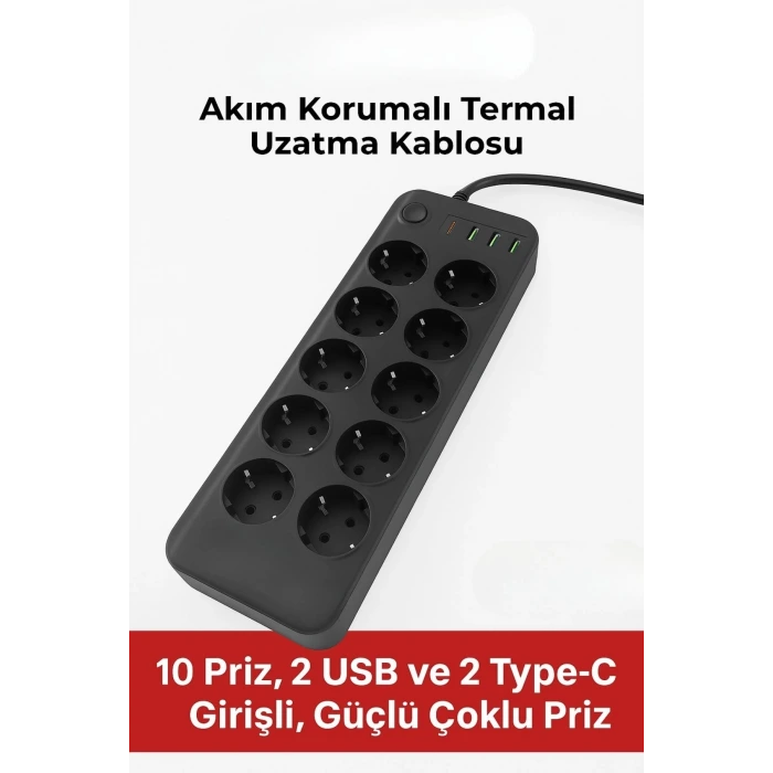 İpek Yıldızı® Akım Korumalı Termal Uzatma Kablosu – 10 Priz, 2 USB ve 2 Type-C Girişli, Güçlü Çoklu Priz