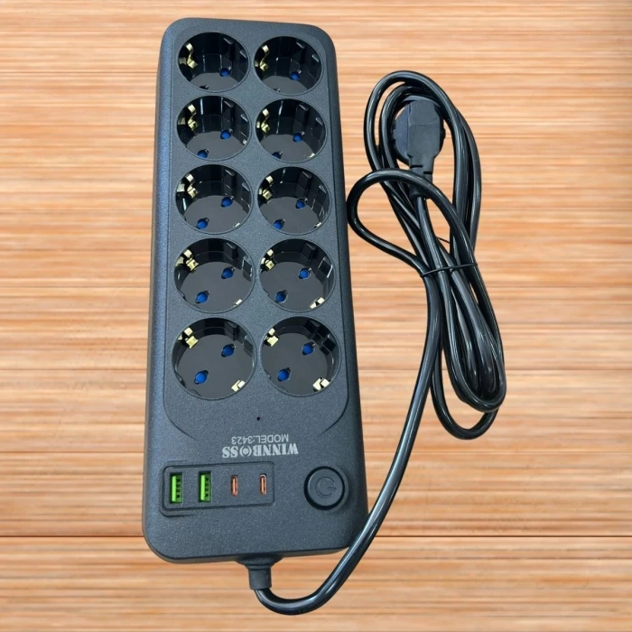 İpek Yıldızı® Akım Korumalı Termal Uzatma Kablosu – 10 Priz, 2 USB ve 2 Type-C Girişli, Güçlü Çoklu Priz