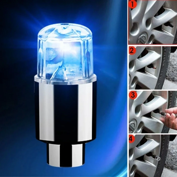 İpek Yıldızı® Araç ve Bisiklet İçin 2’li Mavi LED Hava Valfi Işık Kapakları–Gece Parlayan Lastik Lambası Sibop Kapağı