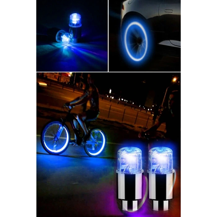 İpek Yıldızı® Araç ve Bisiklet İçin 2’li Mavi LED Hava Valfi Işık Kapakları–Gece Parlayan Lastik Lambası Sibop Kapağı
