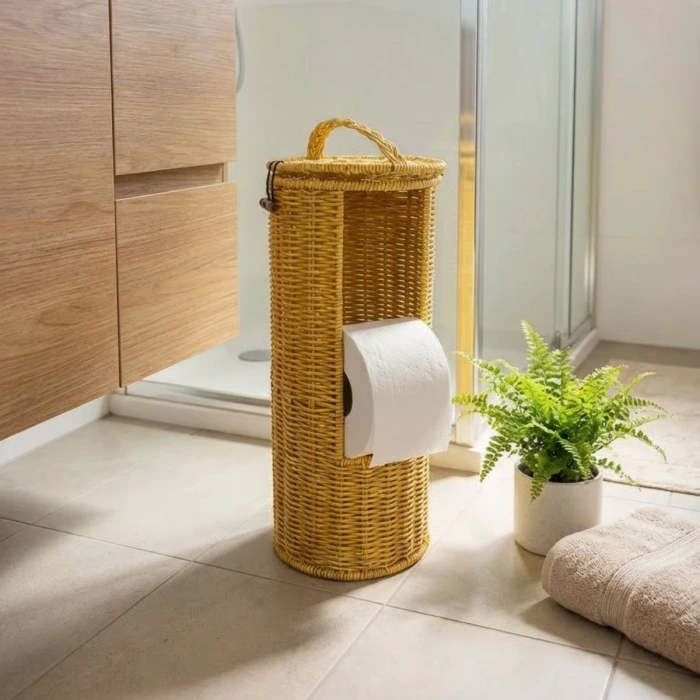 İpek Yıldızı® Askılı Plastik Rattan Tuvalet Kâğıdı Standı – Hasır Görünümlü, Kapaklı, Yedekli WC Kâğıtlık, Banyo ve Tuvalet İçin Dekoratif Organizer