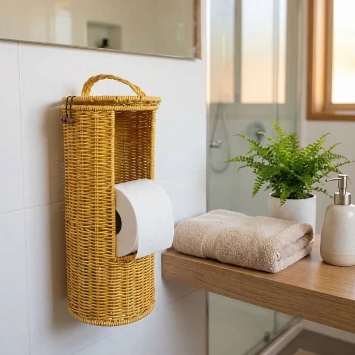 İpek Yıldızı® Askılı Plastik Rattan Tuvalet Kâğıdı Standı – Hasır Görünümlü, Kapaklı, Yedekli WC Kâğıtlık, Banyo ve Tuvalet İçin Dekoratif Organizer