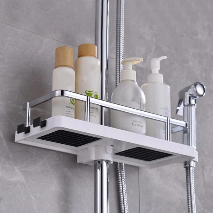 İpek Yıldızı® Banyo Direğine Asılabilir Köşelik Şampuanlık Sabunluk Çift Askılı Düzenleyici Raf Paslanmaz