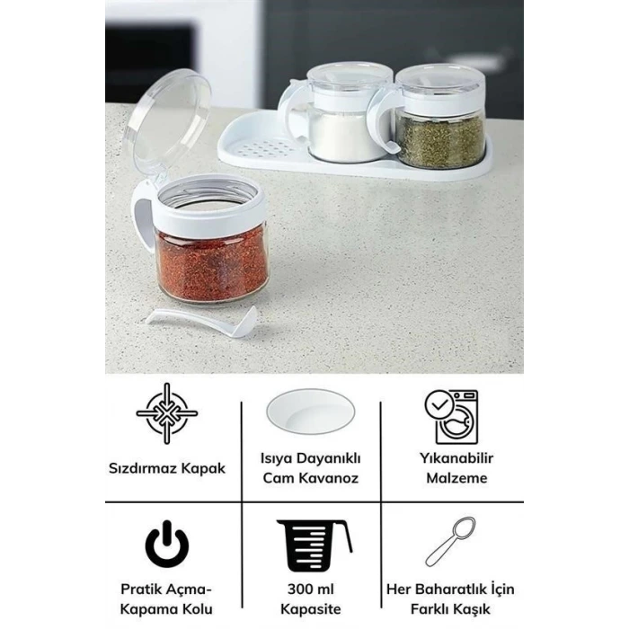 İpek Yıldızı® Beyaz 3lü Standlı Kapaklı Kaşıklı Cam Hava Sızdırmaz Baharatlık Takımı KC-386