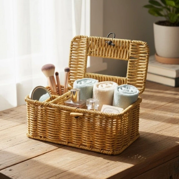 İpek Yıldızı® Bölmeli Kapaklı Doğal Rattan Görünümlü Hasır Makyaj, Takı ve Havlu Düzenleyici – Peçetelikli Çok Amaçlı Masaüstü Organizer Sepet