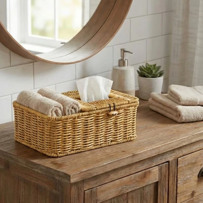 İpek Yıldızı® Bölmeli Kapaklı Doğal Rattan Görünümlü Hasır Makyaj, Takı ve Havlu Düzenleyici – Peçetelikli Çok Amaçlı Masaüstü Organizer Sepet