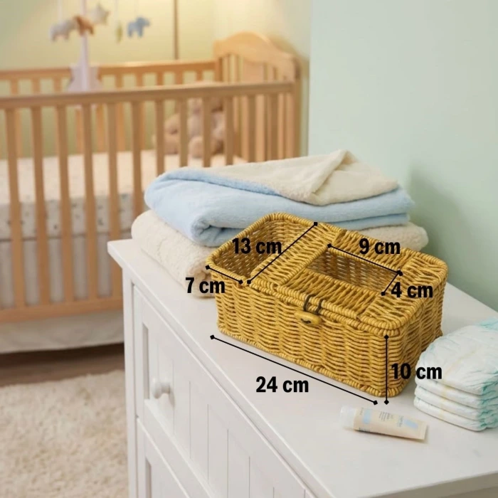 İpek Yıldızı® Bölmeli Kapaklı Doğal Rattan Görünümlü Hasır Makyaj, Takı ve Havlu Düzenleyici – Peçetelikli Çok Amaçlı Masaüstü Organizer Sepet