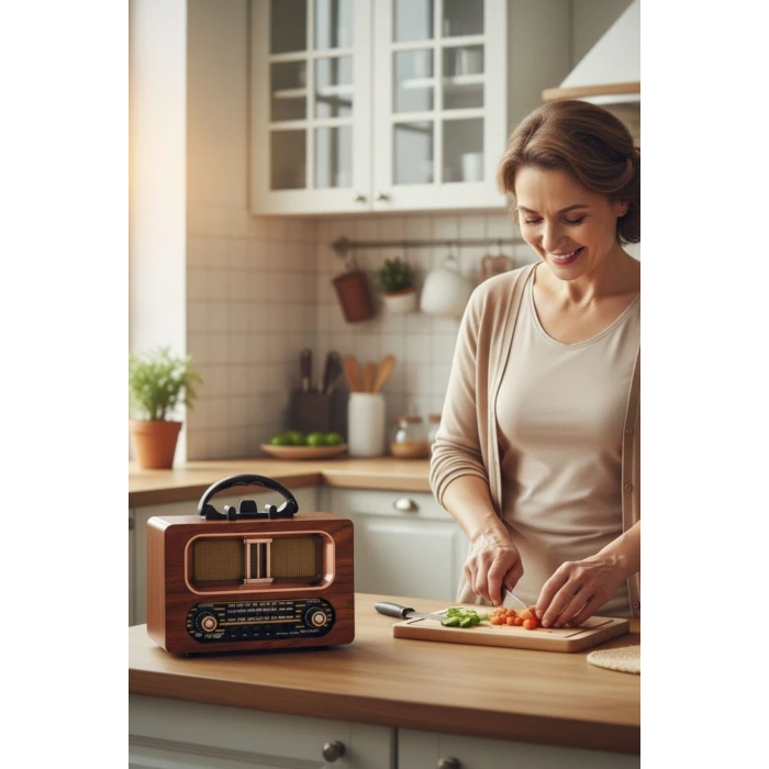 İpek Yıldızı® Büyük Boy Retro, Nostaljik, Ahşap Tasarım Bluetooth Hoparlörlü, Şarjlı, Taşınabilir FM/AM Destekli Radyo NS-6635