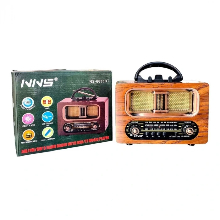 İpek Yıldızı® Büyük Boy Retro, Nostaljik, Ahşap Tasarım Bluetooth Hoparlörlü, Şarjlı, Taşınabilir FM/AM Destekli Radyo NS-6635