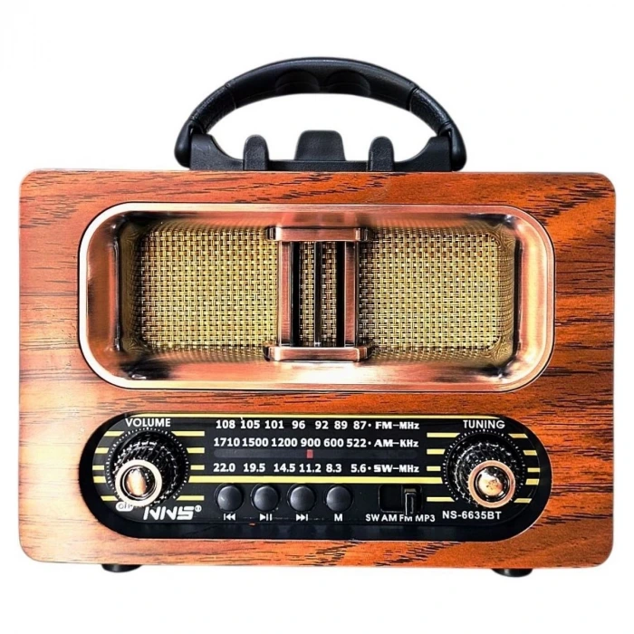 İpek Yıldızı® Büyük Boy Retro, Nostaljik, Ahşap Tasarım Bluetooth Hoparlörlü, Şarjlı, Taşınabilir FM/AM Destekli Radyo NS-6635