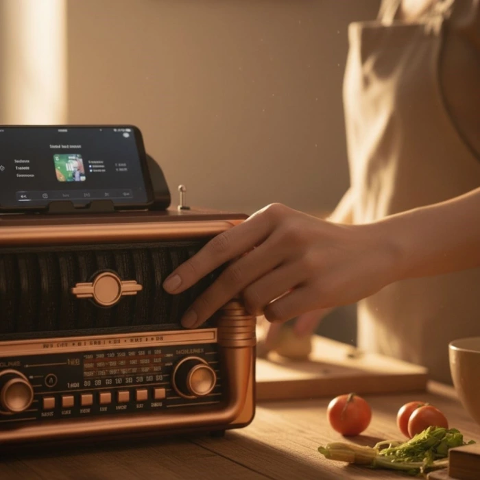 İpek Yıldızı® Büyük Boy Telefon Tutma Aparatlı Retro Ahşap Tasarım Bluetooth Hoparlörlü Radyo – FM/AM Destekli, Şarjlı ve Taşınabilir Radyo NS-8079