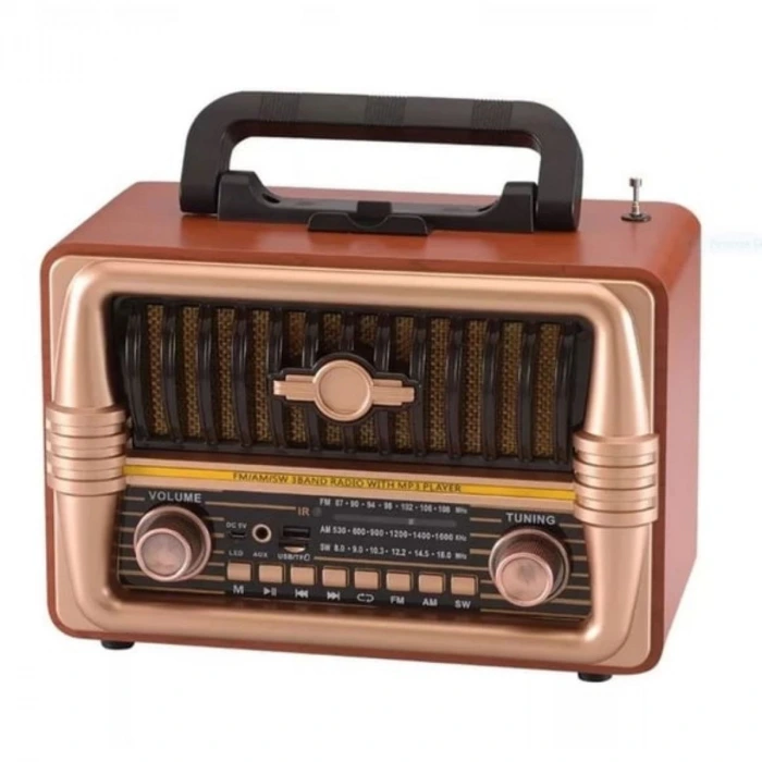 İpek Yıldızı® Büyük Boy Telefon Tutma Aparatlı Retro Ahşap Tasarım Bluetooth Hoparlörlü Radyo – FM/AM Destekli, Şarjlı ve Taşınabilir Radyo NS-8079