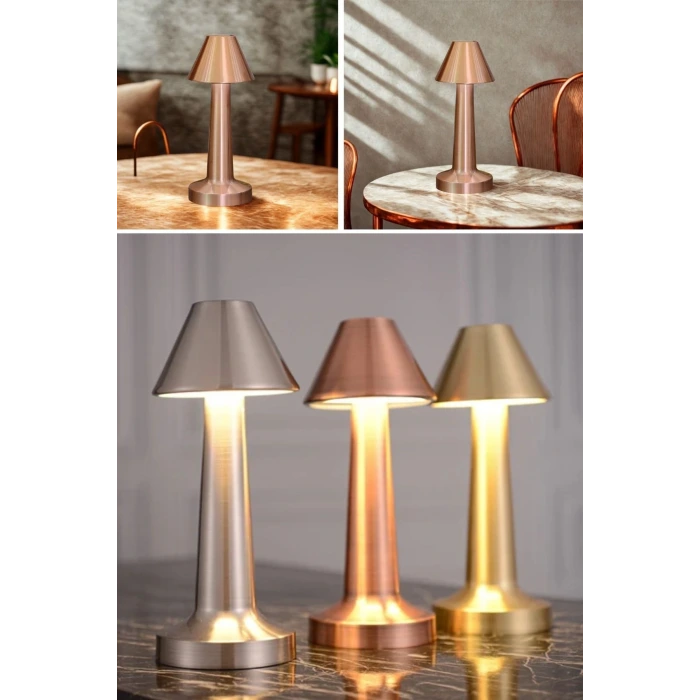 İpek Yıldızı® Çatı Model Bronz Renk Şarjlı Dokunmatik 3 Renkli LED Masa Lambası