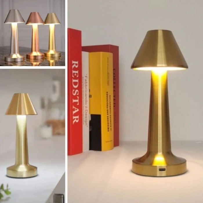 İpek Yıldızı® Çatı Model Gold Renk Şarjlı Dokunmatik 3 Renkli LED Masa Lambası