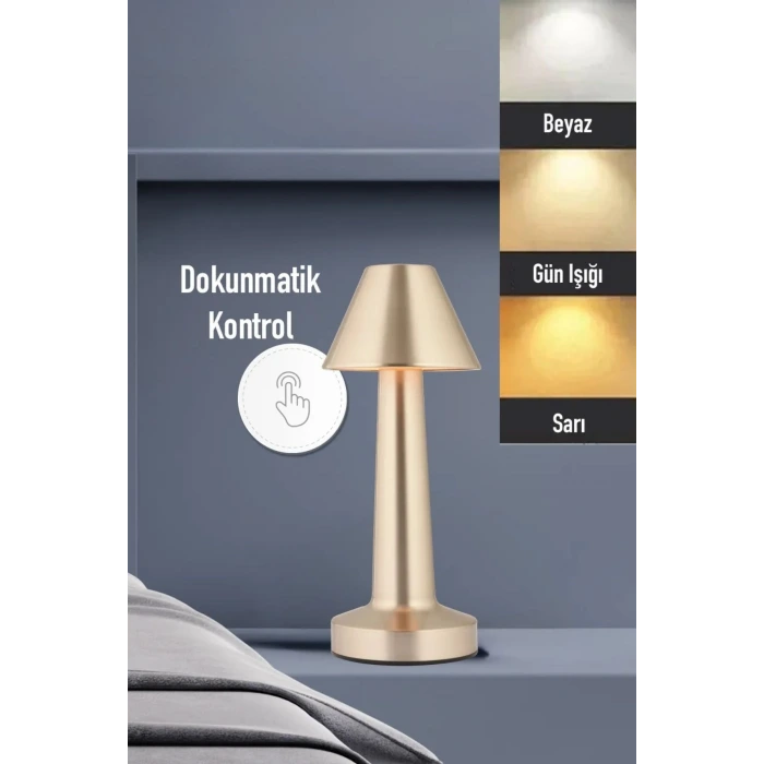 İpek Yıldızı® Çatı Model Gold Renk Şarjlı Dokunmatik 3 Renkli LED Masa Lambası