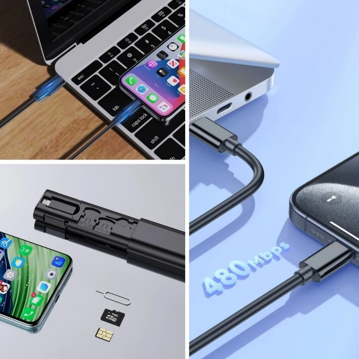 İpek Yıldızı® Cep Tipi 60W Bas Aç Type-C,İphone Şarj,Micro USB Hızlı Şarj Data Kablo Seti