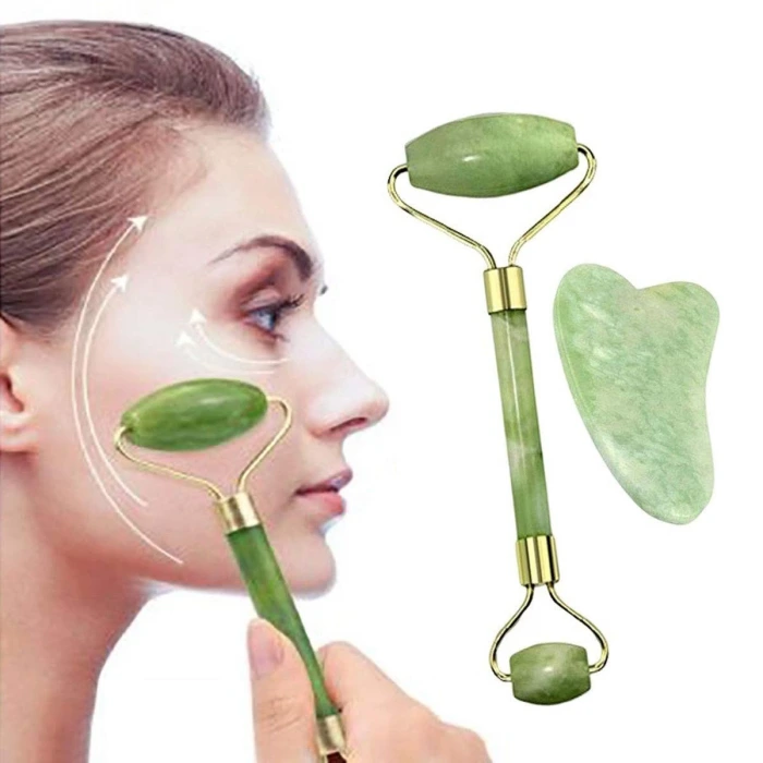 İpek Yıldızı® Çift Taraflı 2li Cilt Yüz Masaj Aleti Jade Roller Yeşim  Taşı Seti