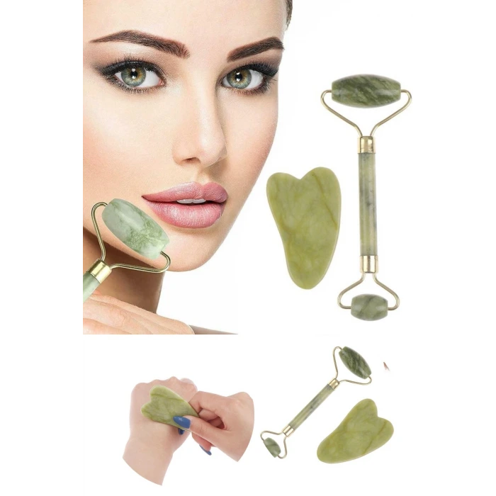 İpek Yıldızı® Çift Taraflı 2li Cilt Yüz Masaj Aleti Jade Roller Yeşim  Taşı Seti