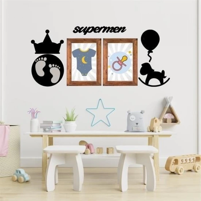 İpek Yıldızı® DECO103 Supermen Dekoratif Duvar Süsü Tablo Aksesuar Ahşap Tasarım Hediye Pano Sticker Seti
